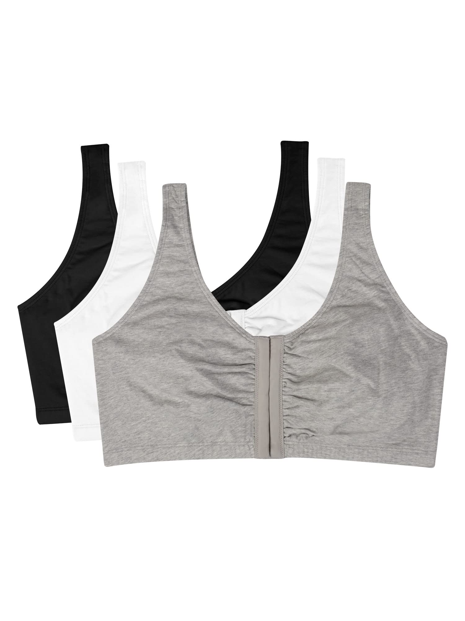 Fruit Of The Loom Womens Front Closure Cotton Sports Bra, Black/White/Heather Grey 3-Pack, 38 Us