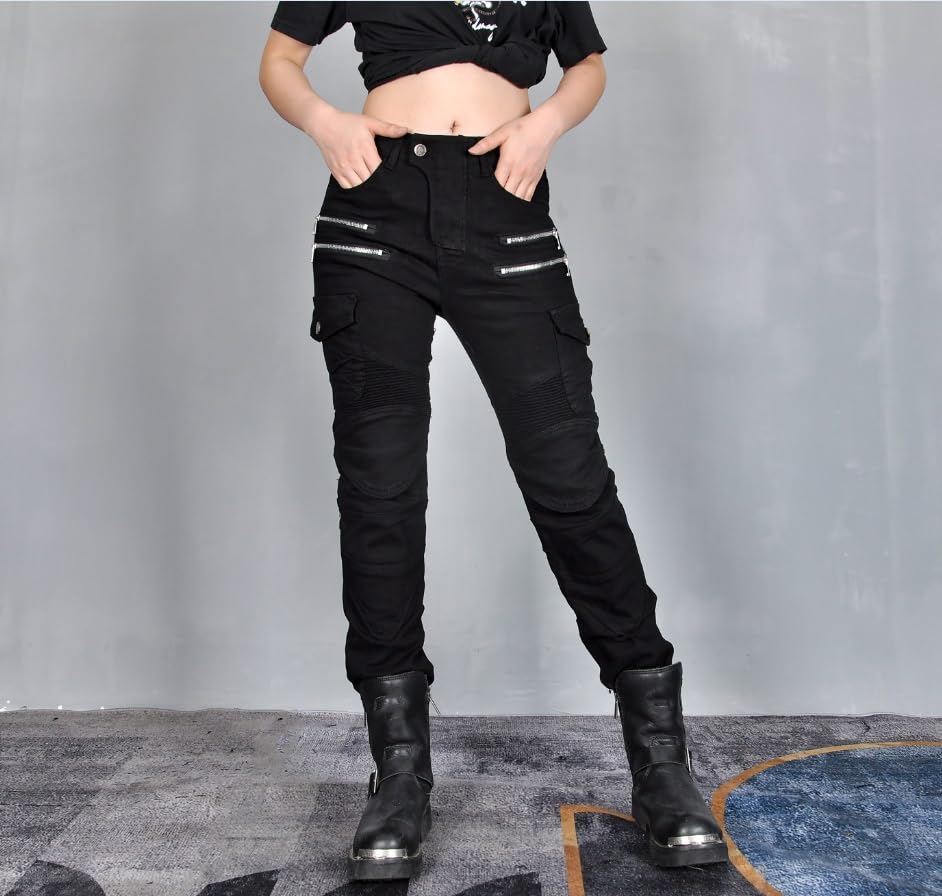 WILLIAMHUA Women Moto Jeans Motorcycle Pants Motorbike Biker Trousers with Protector (US, Waist Inseam, 26, 30, Black-Zip)