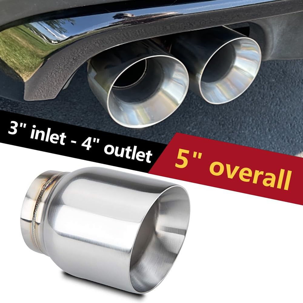 Lcgp 3'' Inlet Universal Exhaust Tip Pack Of 2, 4'' Outlet - 5'' Long, Stainless Steel Double Wall Angle Cut