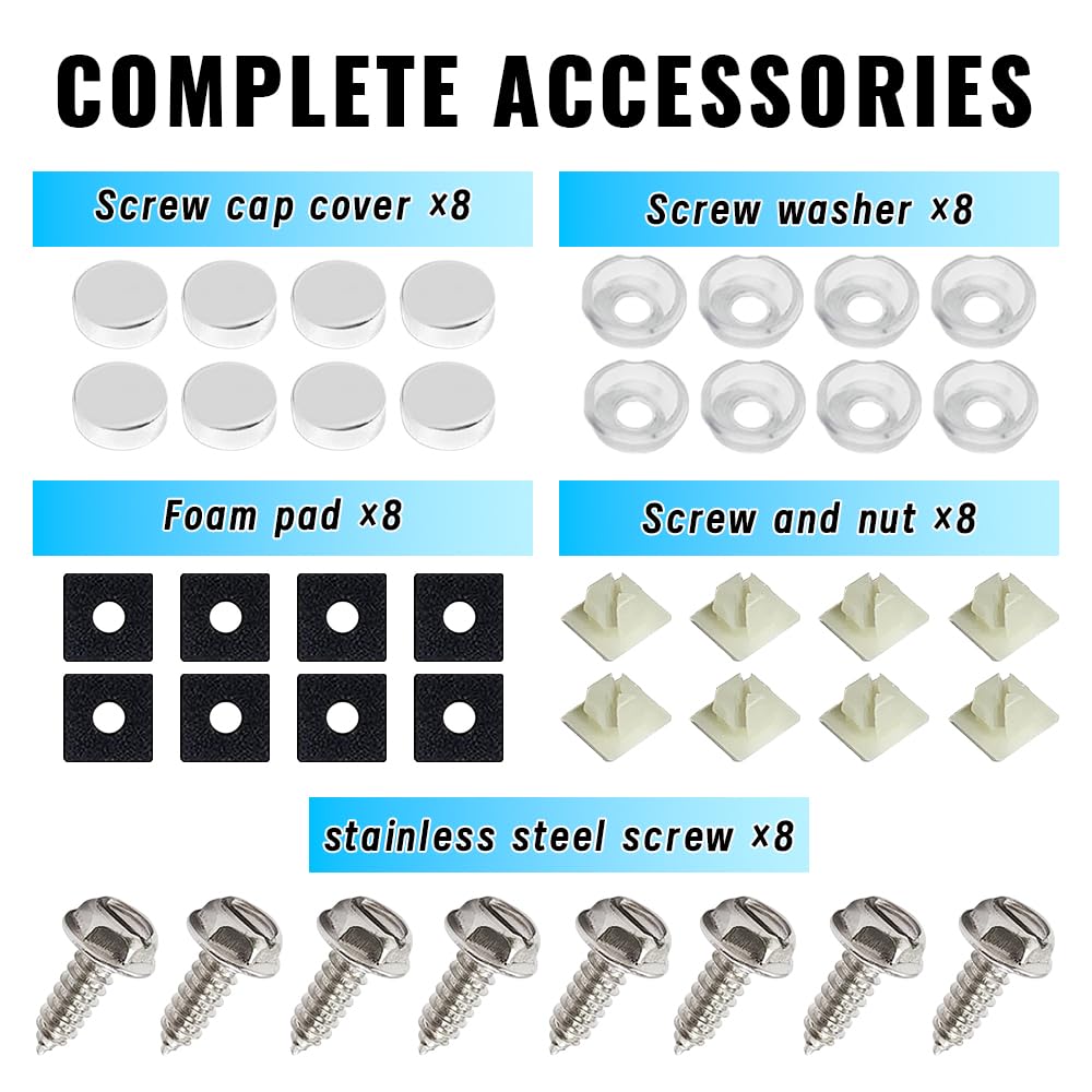 8Sets Stainless Steel Screws - Rust-Proof & Anti-Rattle License Plate Bolts Fits Front Rear Frame Holder Mounting