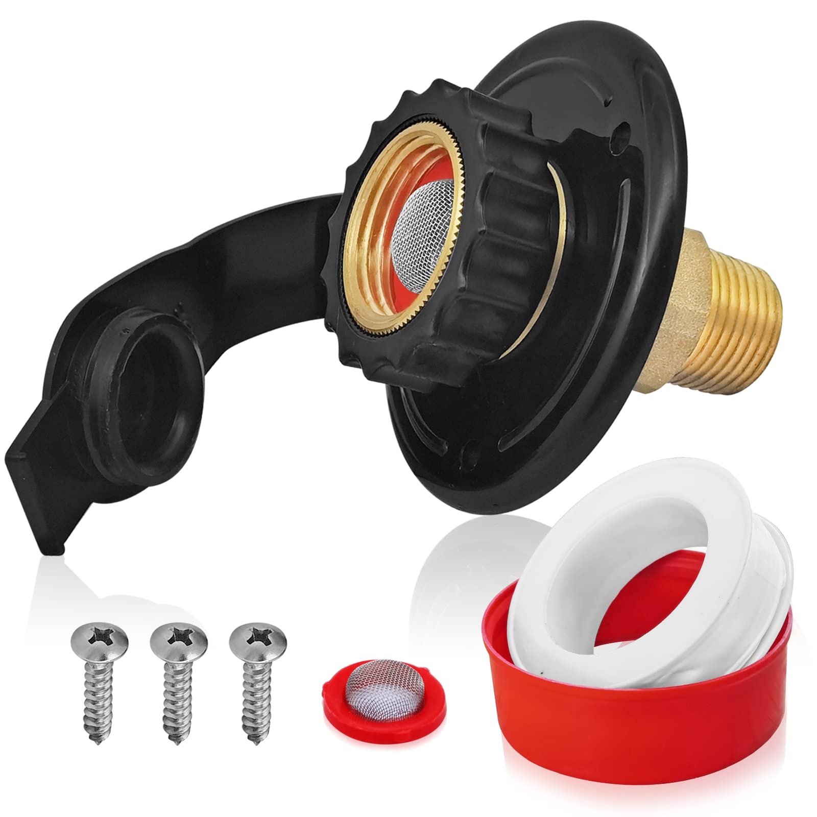 Rv City Water Inlet With Check Valve, 3/4 Nh Female To 1/2 Npt Male Black Flange Rv Fresh Water Inlet, Lead-Free Brass Rv Water Connection Inlet With Dust Plug For Rv Camper Motorhome Trailer Marine