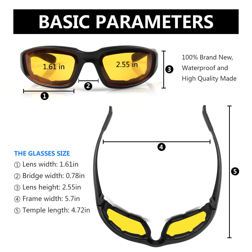 3 Pair Motorcycle Riding Glasses Padding Goggles Uv Protection Dustproof Windproofmotorcycle Sunglasses With Yellow Lens For Outdoor Sports Actives