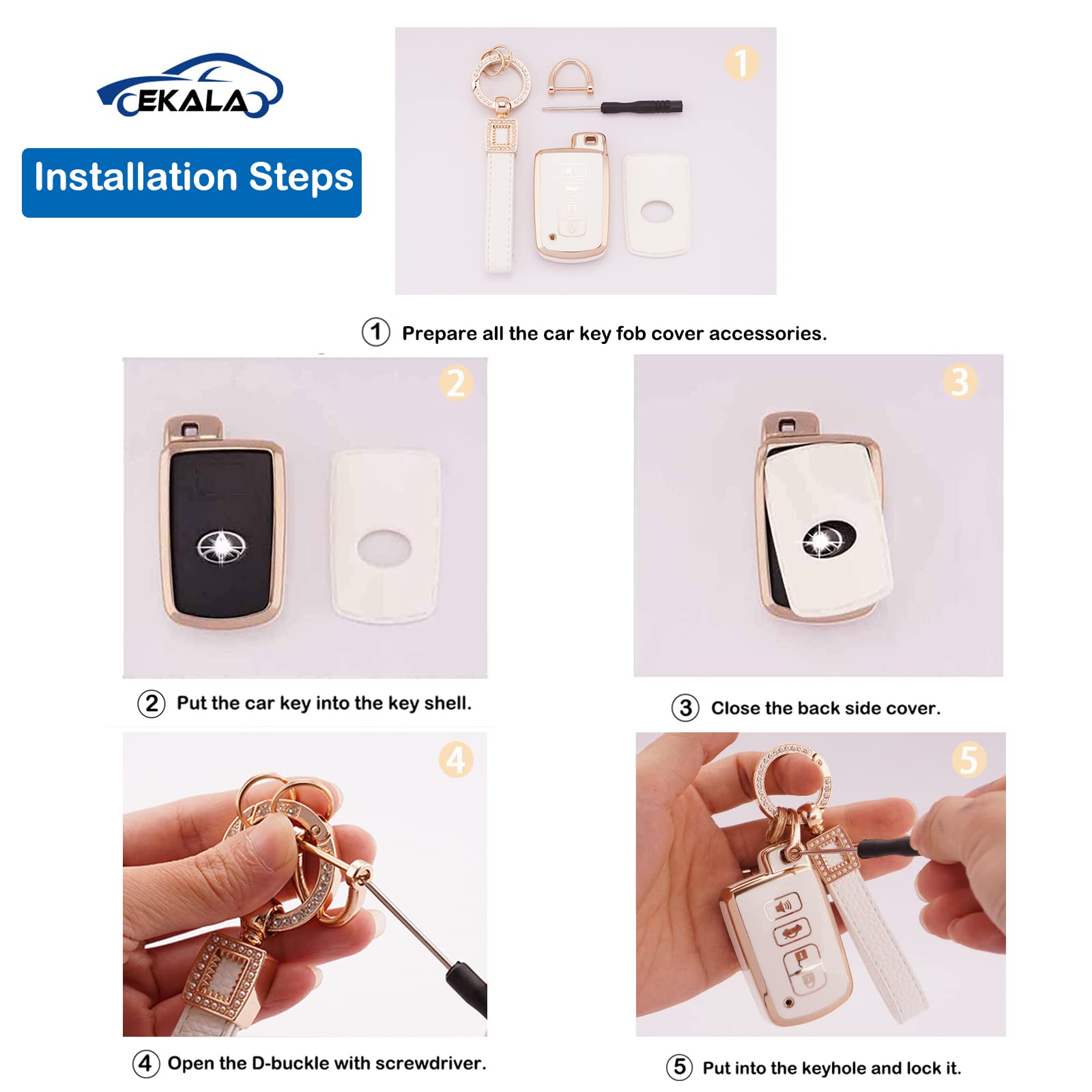 EKALA for Toyota Key Fob Cover with Leather Keychain Lanyard 4 Buttons Soft TPU Key Case Shell Fit for Toyota Camry Avalon Corol