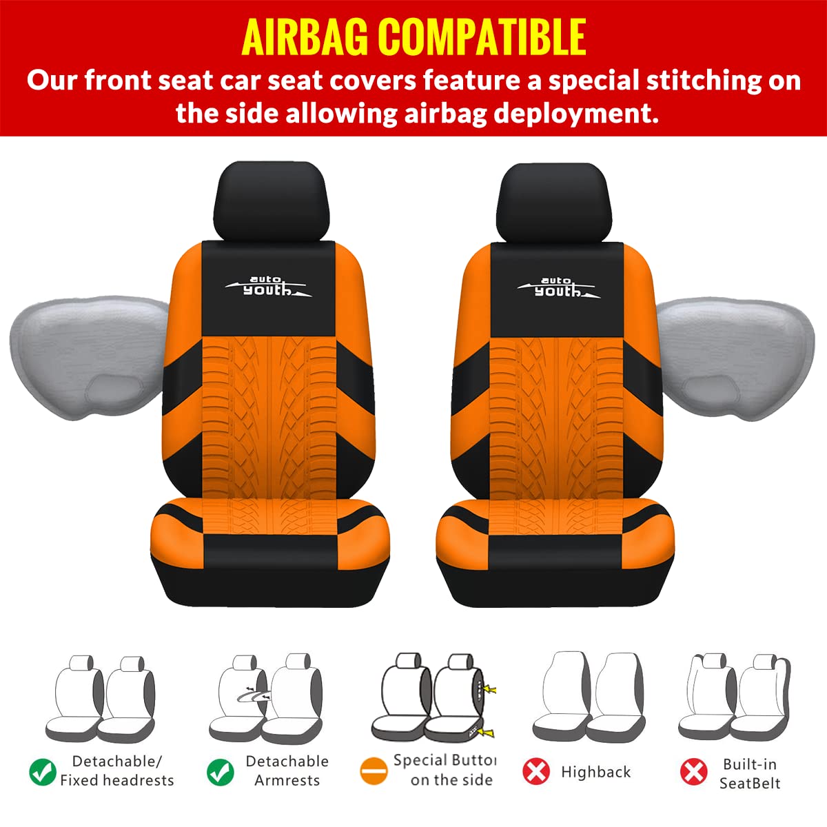 Autoyouth Orange Sport Seat Covers, 4Mm Composite Sponge, Airbag Compatible, Universal For Cars, Suvs, Trucks, Vans - Full Set,