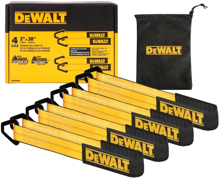 DEWALT DXBC80005 Black/Yellow 2'' x 38'' Premium Axle Tie Down Strap Kit (12,000 lb Break Strength) - Heavy Duty Protective for 
