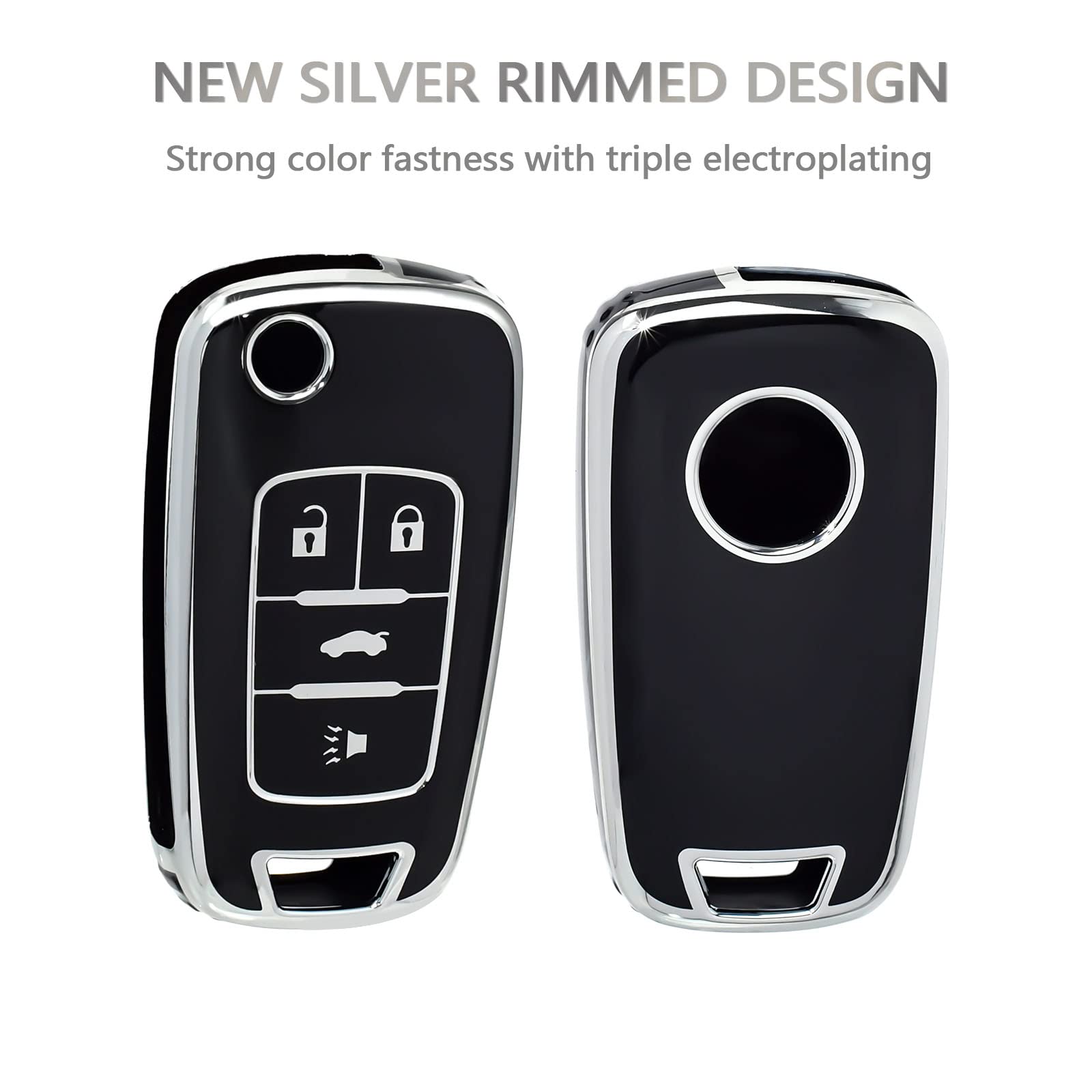 Offcurve For Chevy Buick Key Fob Cover, Tpu Key Fob Case Cover For Buick Encore Chevy Chevrolet Camaro Equinox Impala Sonic Trax Gmc Terrain Flip 4 Buttons, Black