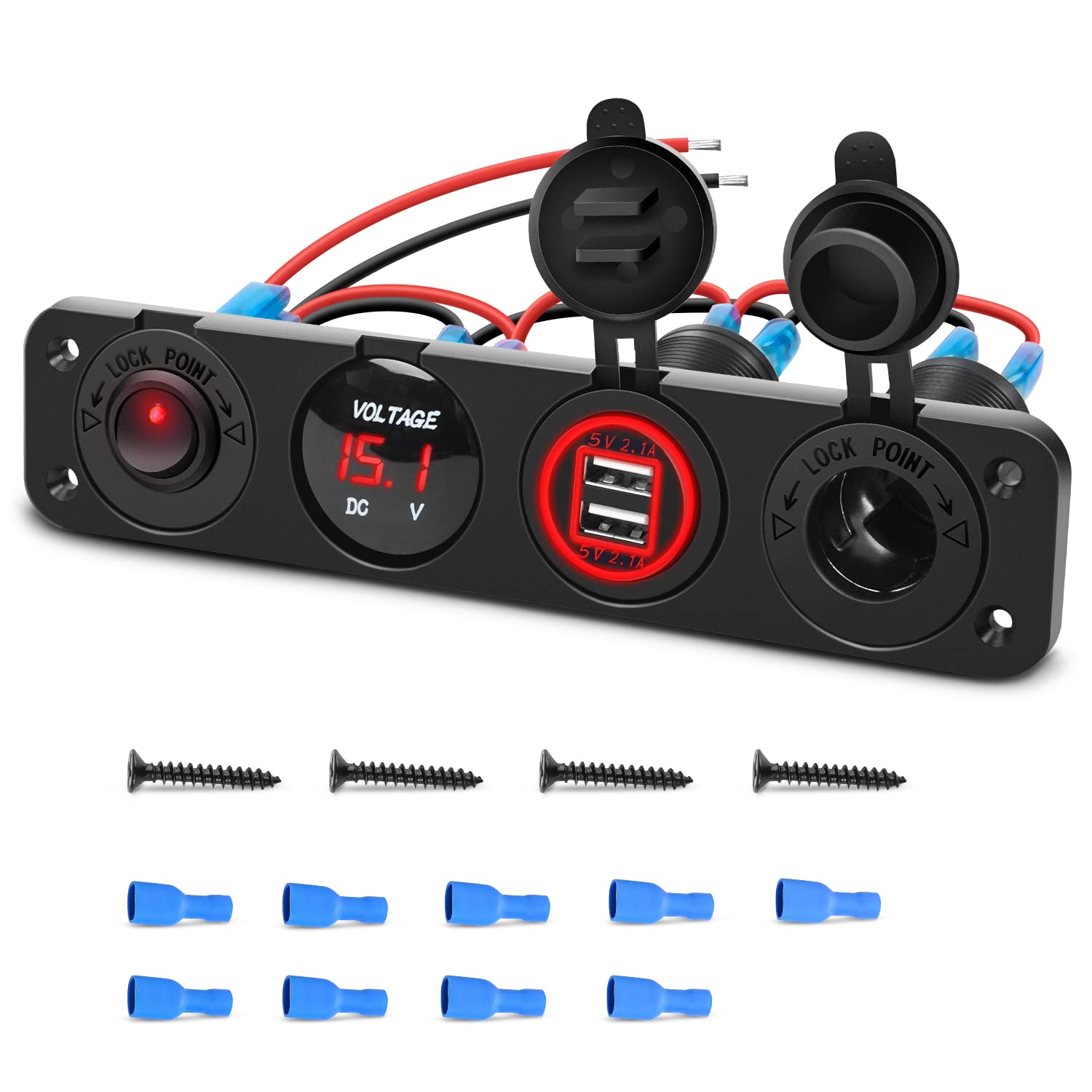 Nilight 4 In 1 On/Off Charger Socket Panel Dual Usb Power Outlet Led Voltmeter Cigarette Lighter Socket Lighted On Off Rocker To