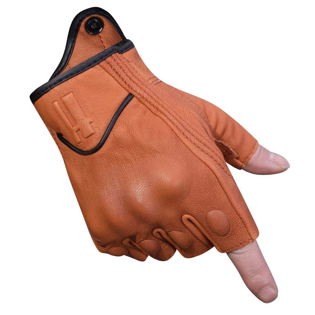 Harssidanzar Mens Half Finger Goatskin Leather Motorcycle Gloves Gm037,Tan,Size M
