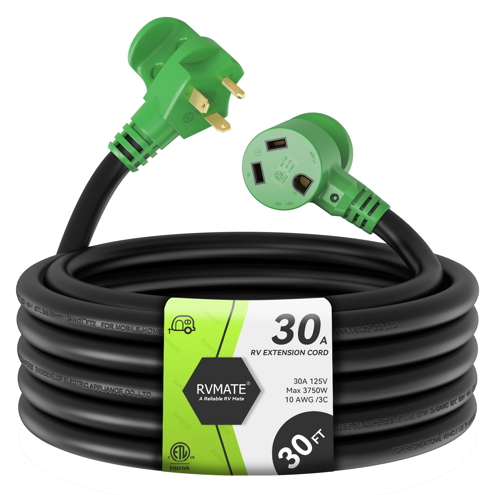 Rvmate 30 Amp 30 Feet Rv Power Extension Cord With Easy Plug-In Handle, Tt-30P To Tt-30R, Led Indicator, 10 Awg, Etl Listed