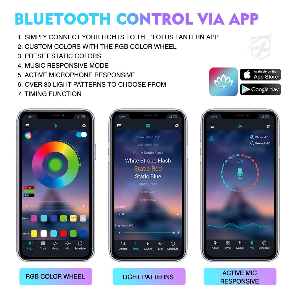 Xprite Double Row Rgb Led Car Underglow Bluetooth Lights Strip, 4 Pcs Underbody Neon Cars Exterior Glow Light Kit W/App Control