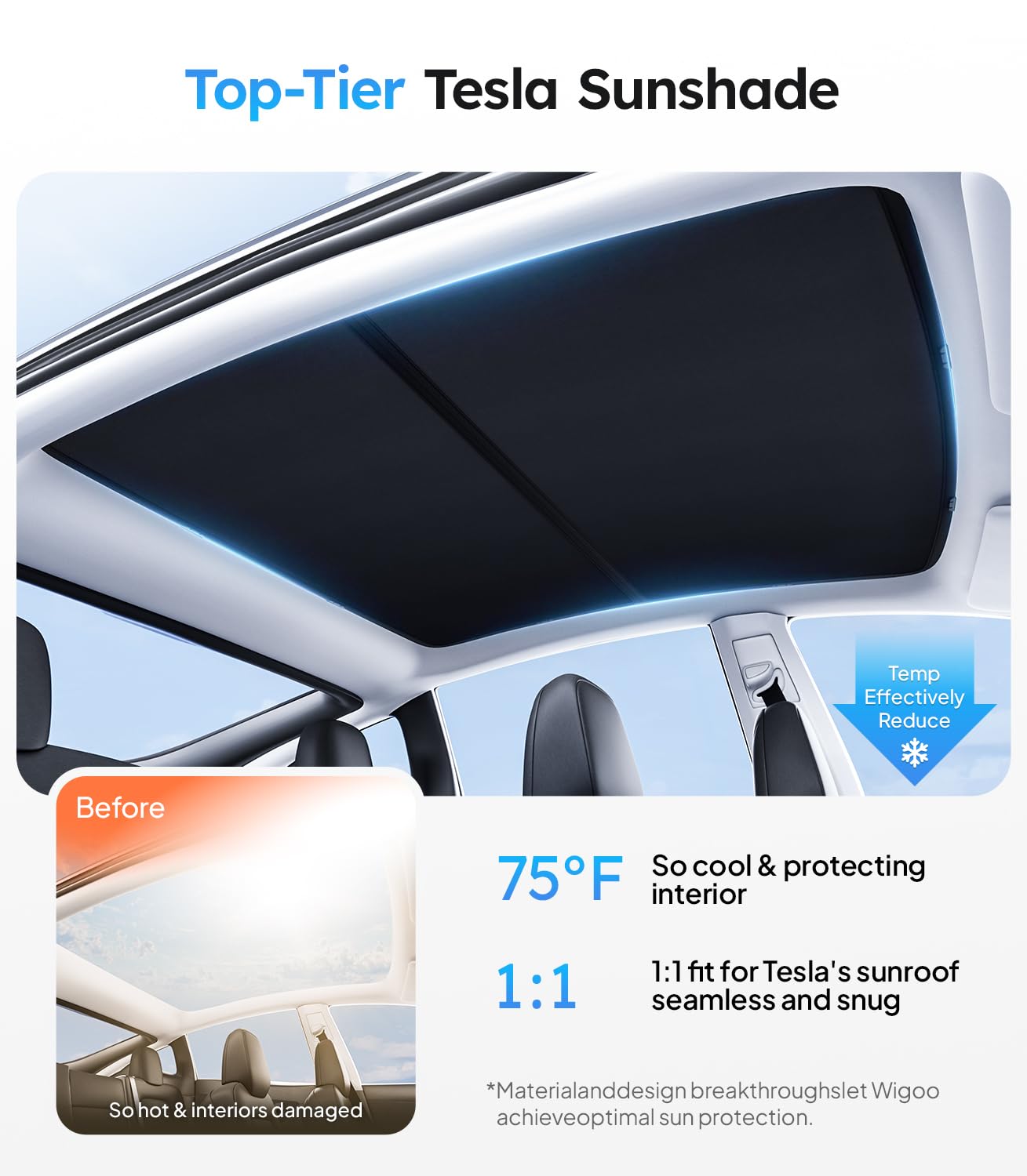 Wigoo 2025 Upgrade Tesla Model Y Sunshade Roof [Never Sag, Nano Ice-Crystal Coatings] 3-Gen Heat Insulation Glass Roof Sun Shade