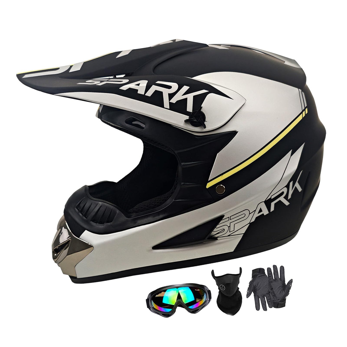Dirt Bike Helmets Youth Adult Motocross Off-Road Motorcycle Moutain Bike Helmet Dot Approved Goggles Gloves Faceshield (Silver,