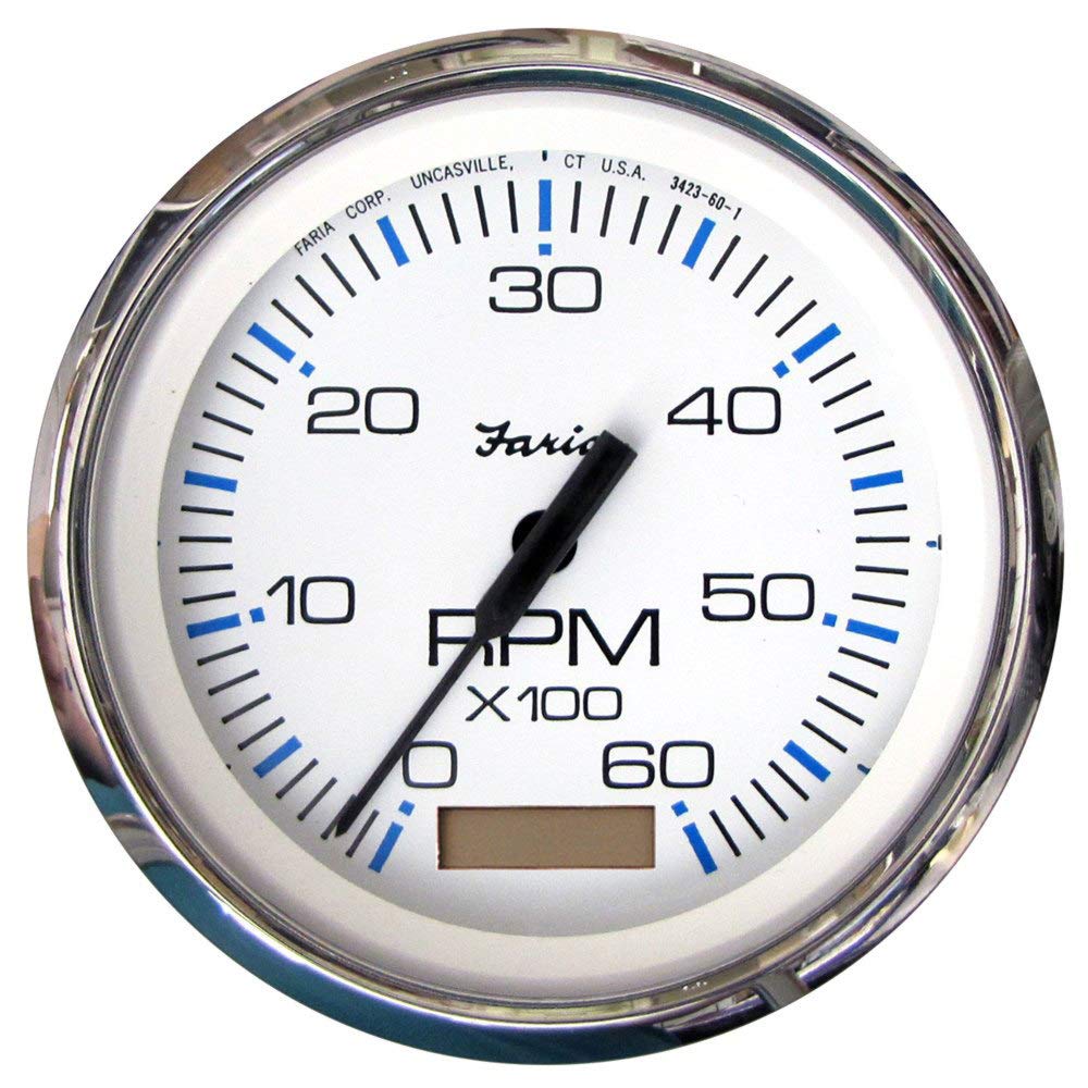 Faria Beede 33832 Chesapeake Stainless Steel Tachometer with Hourmeter (6000 RPM) Gas - 4', White