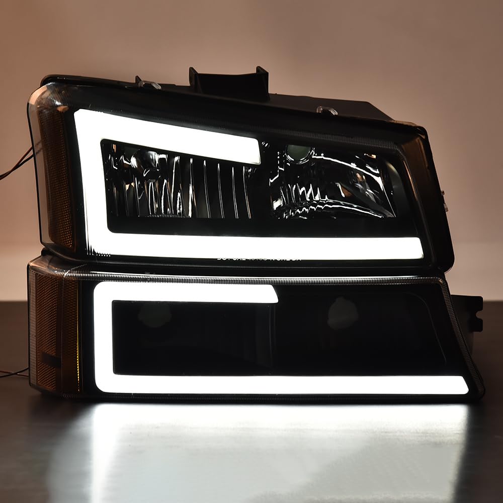 G-Plus Led Drl Headlights, Compatible With Chevy Avalanche 1500 2500 2003 2004 2005 2006 Bumper Headlamp Clear Lens Black Housin