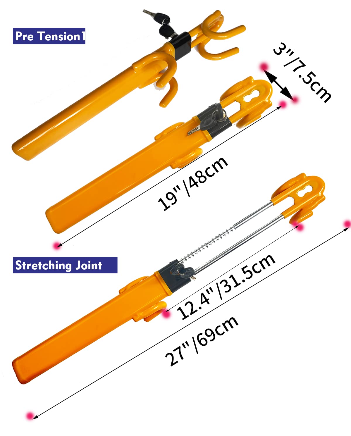 Dodomes Steering Wheel Lock Anti-Theft Heavy Duty Secure Car Device, Adjustable Length Clamp Double Hook Locks Universal Fit (Yellow)