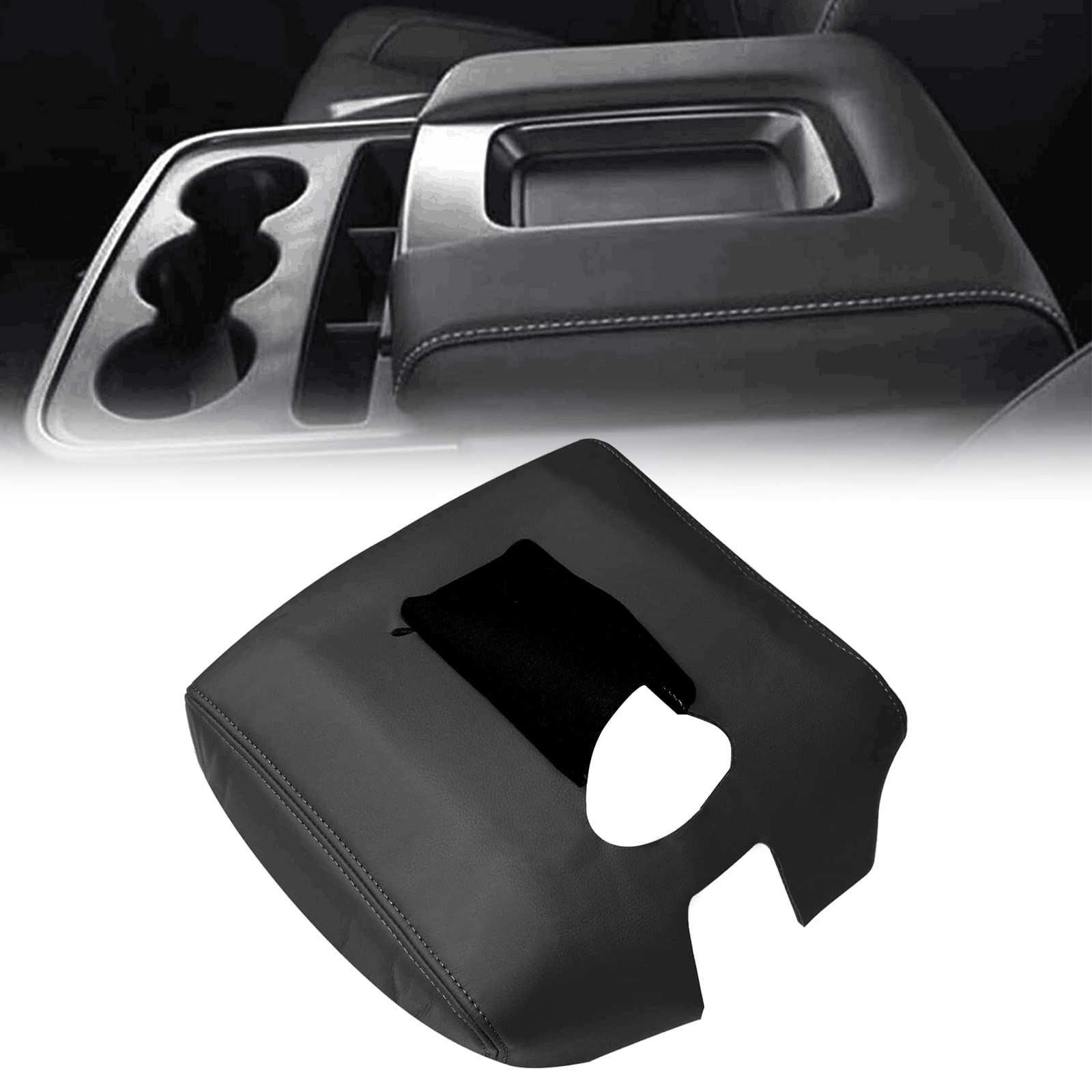 SecosAutoparts Black Leather Center Console Leather Lid Armrest Cover Replacement Gray Stitch Compatible with Chevy Silverado Co