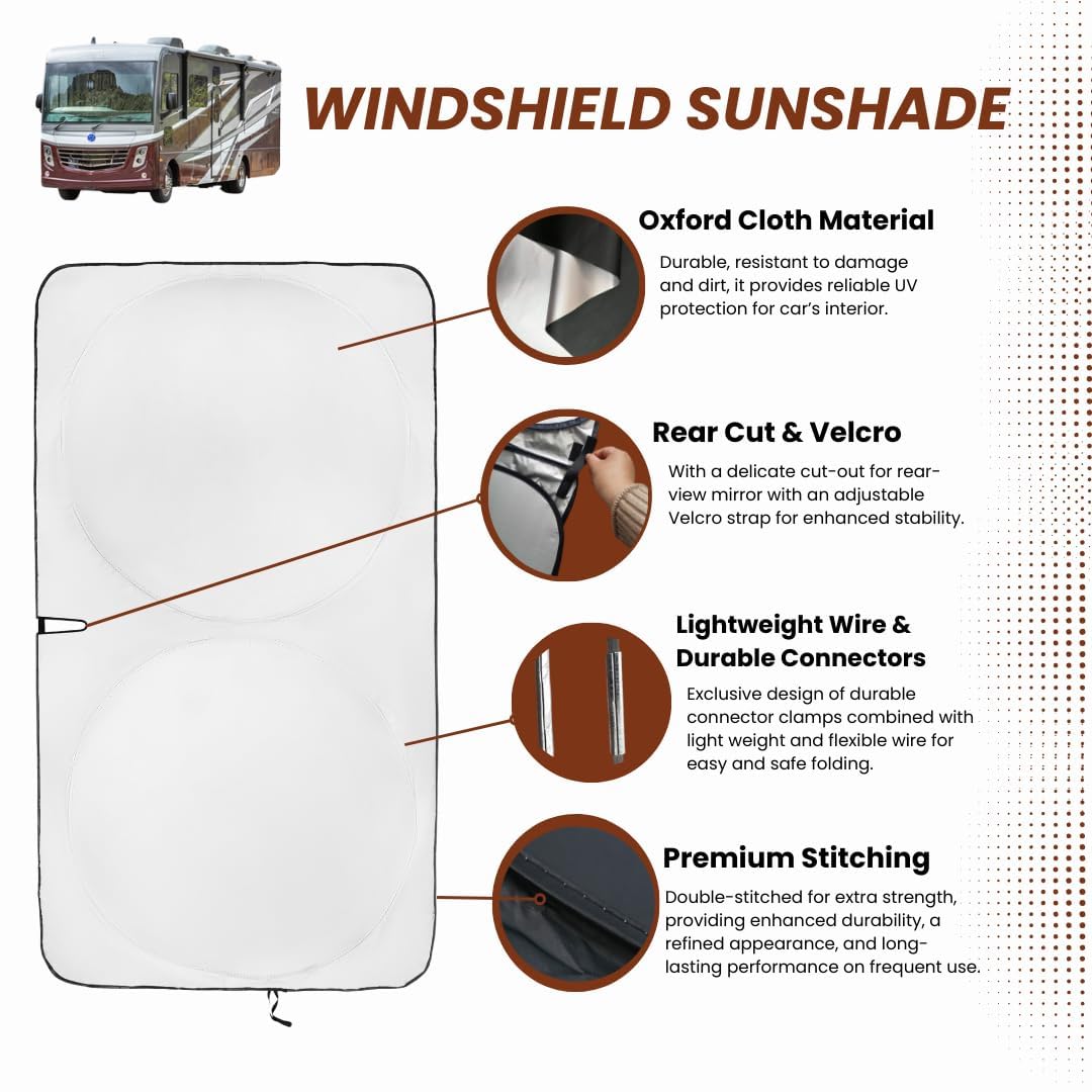 Kinder Fluff Patented Windshield Sunshade For Rv | Oxford Cloth Foldable Windscreen Sun Cover Blocks 99% Uvr | Thicker Sun Shade