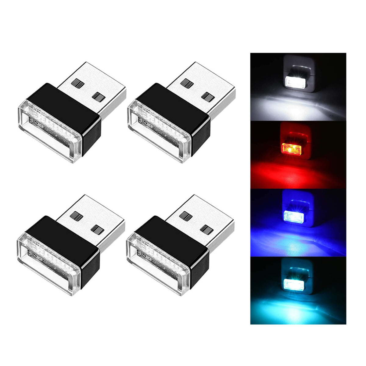 Ziciner 4 Pcs Usb Led Car Interior Atmosphere Lamp, Portable Mini Led Night Light, Plug-In Usb Interface Trunk Ambient Lighting 