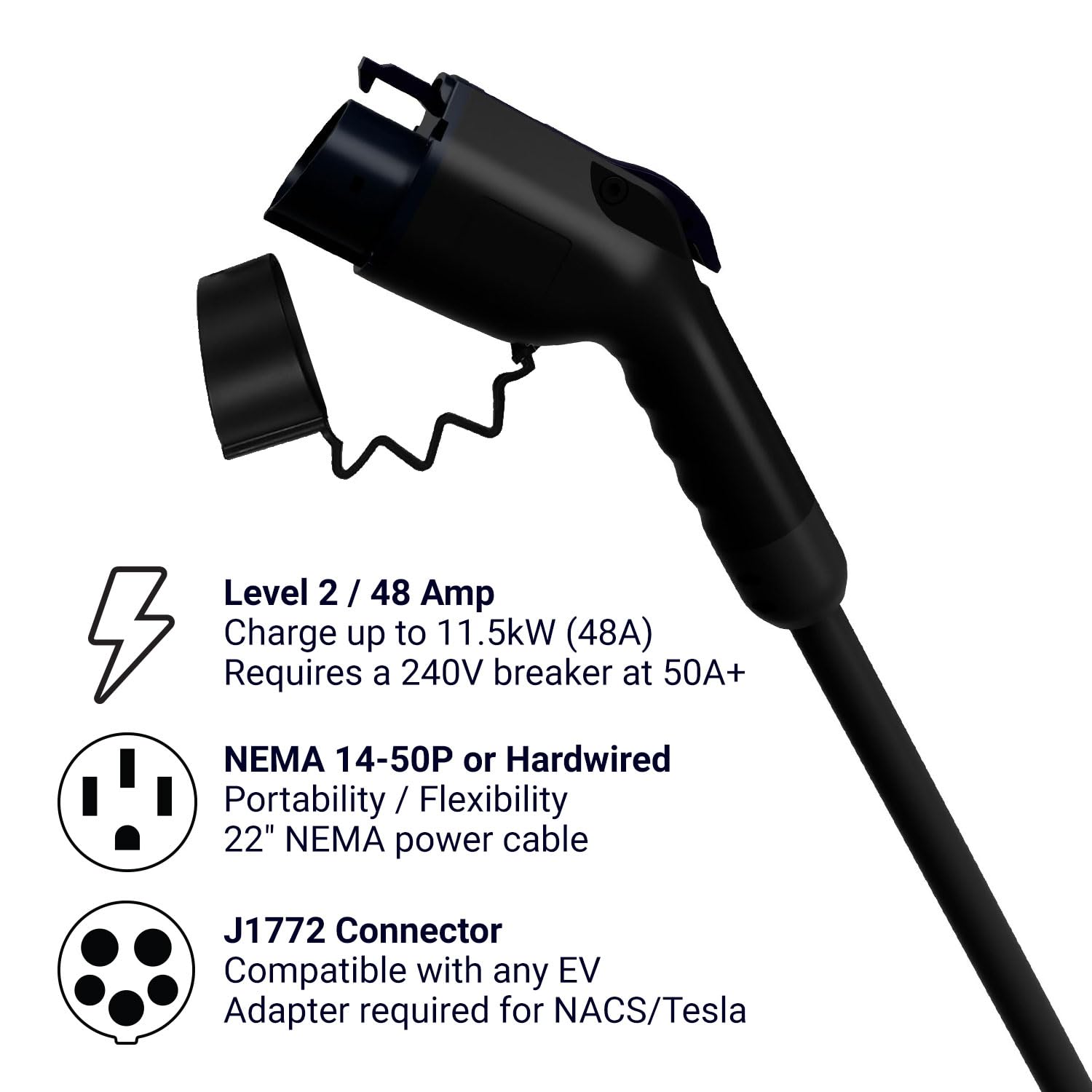 Emporia Level 2 Ev Charger - Nema 14-50 Evse W/ J1772 Charger - 48 Amp Ev Charger Level 2, 240V Wifi Enabled Electric Vehicle Charging Station, 24Ft Electric Car Charger Cable, Black