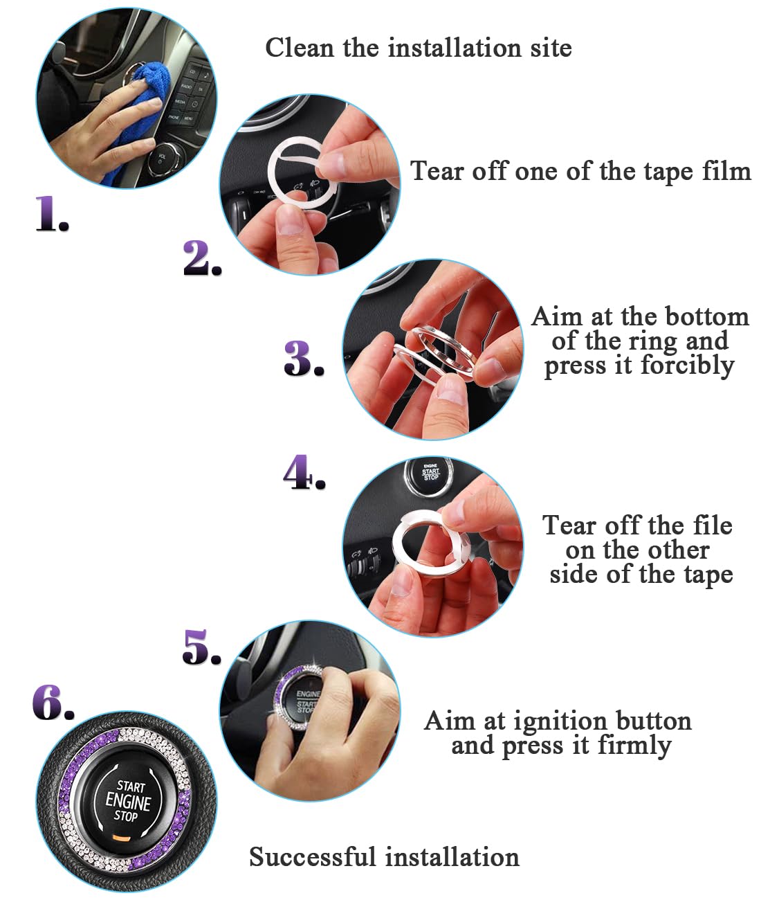 Tobequeen White Purple Bling Start Button Cover Emblem Sticker, Crystal Diamond Rhinestone Push Start Ring Car Decor, White And