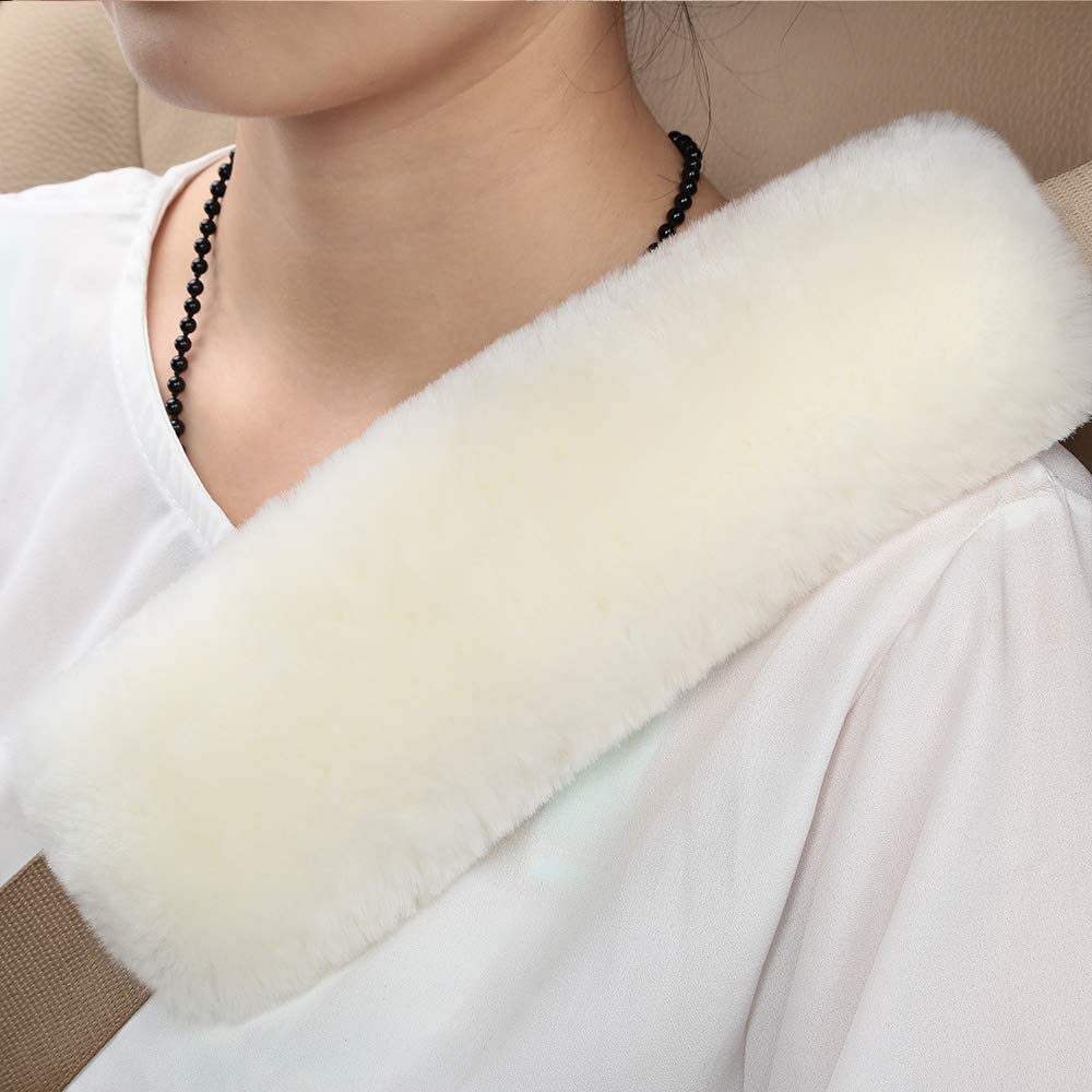 OGLAND Genuine Sheepskin Soft Fuzzy Car Seatbelt Should Pad, Comfy Fluffy Seat Belt Strap Covers for Car Neck Cushion Protector 
