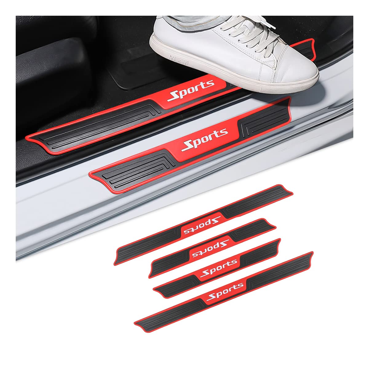 4Pcs Car Door Sill Plate Protectors, Auto Door Entry Guards Sill Scuff Cover Panel Step Protector, Pvc Rubber Anti-Scratch Front Rear Door Pedal, Car Accessories For Most Vehicles (Red/Sport)