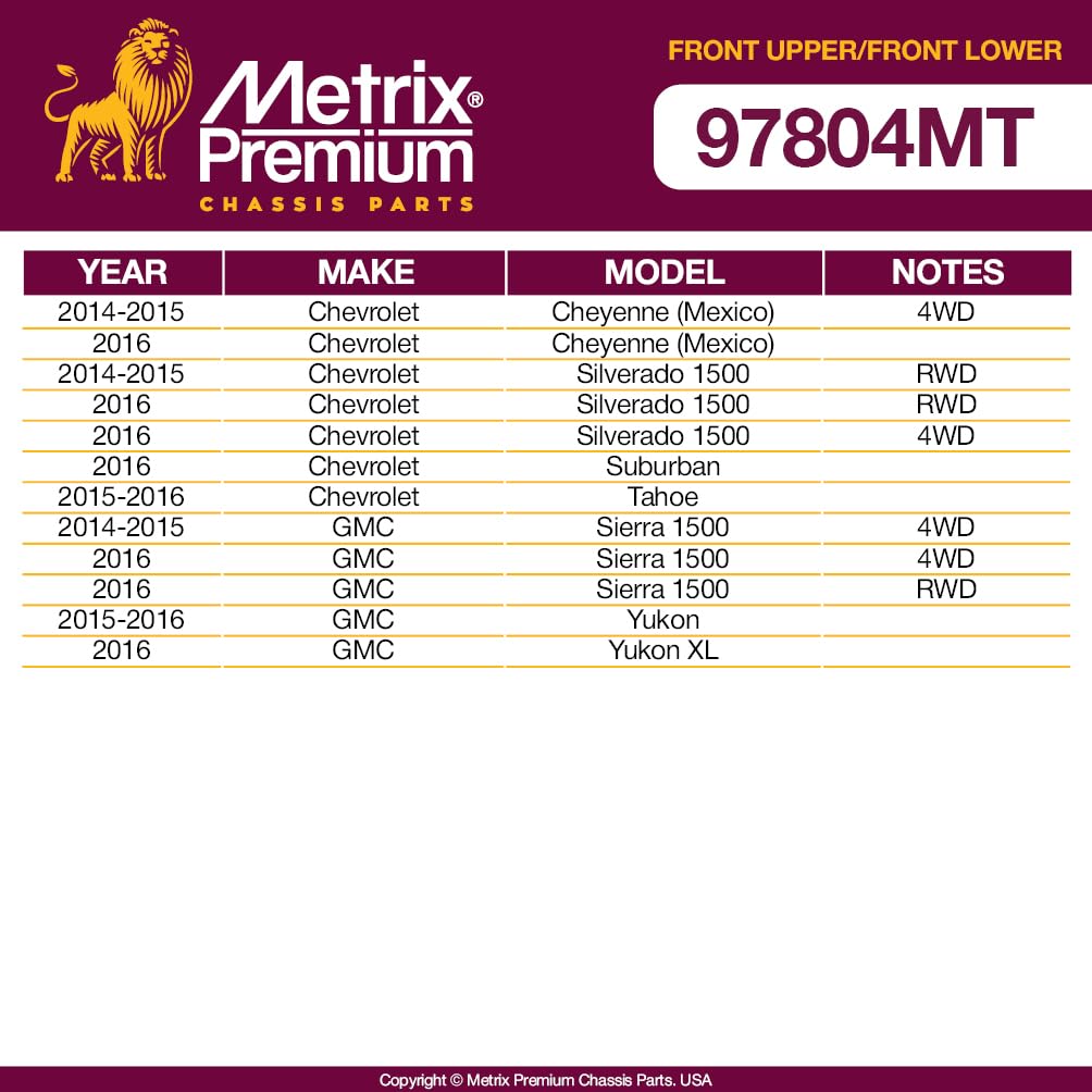 Metrix Premium Chassis Parts - 4 Pc Front Lower & Front Upper Control Arm Kit Fits 14-15 Chevrolet Cheyenne (Mexico) 4Wd, 14-15