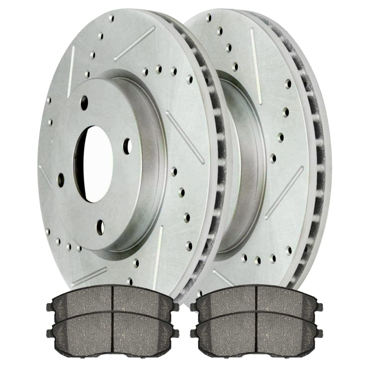 Autoshack Front Drilled And Slotted Brake Rotors Silver And Ceramic Pads Kit Set Driver And Passenger Side Replacement For 2007-