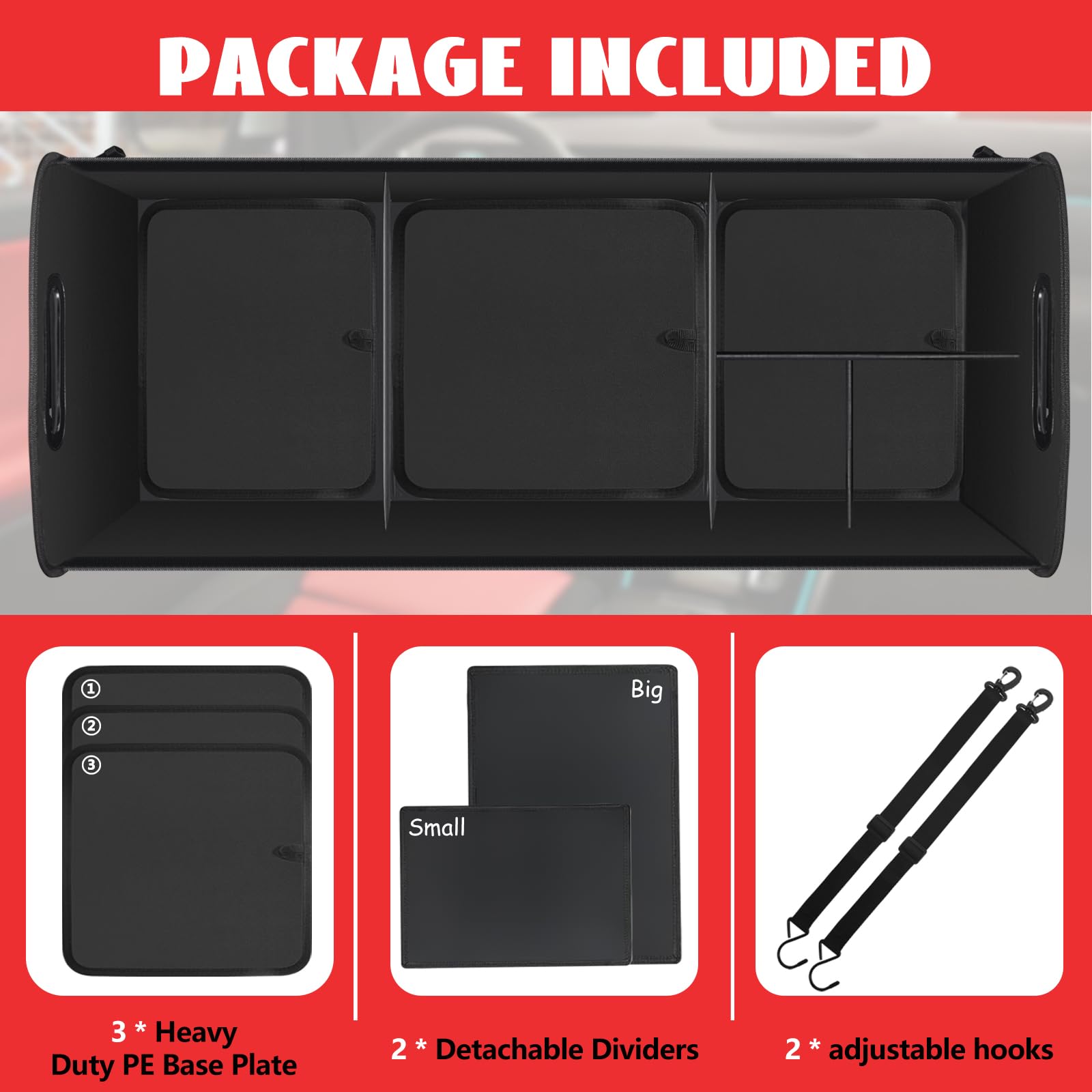 Car Trunk Organizer,Heavy Duty Collapsible 95 L Capacity Car Trunk Storage Organizer,Multi-Compartment Pockets, Adjustable Strap