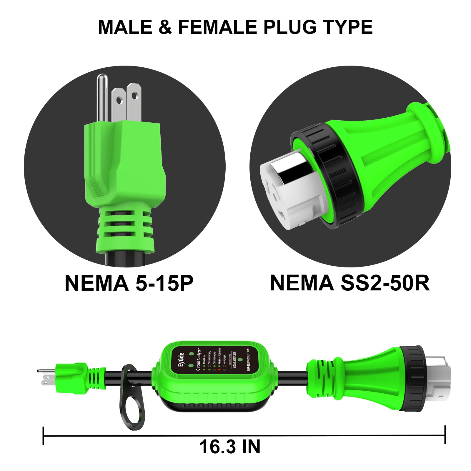 Eygde 50 Amp To 15 Amp 110 Rv Adapter With Surge Protector, Patented 5000J 15 Amp Male To 50 Amp Adapter With Twist Locking Connector, Circuit Analyzer Voltage Protector For Camper Trailer, Green