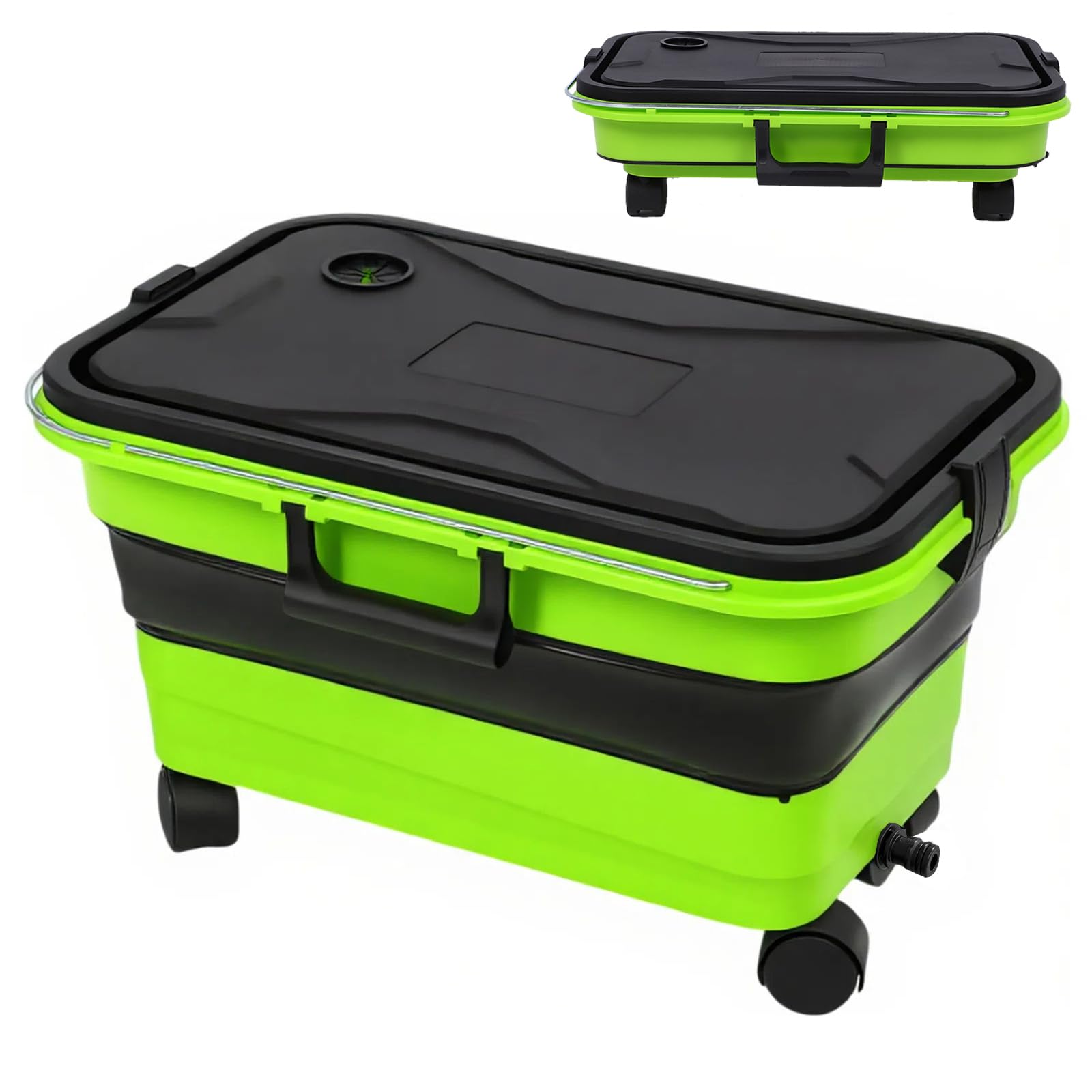 Newmkr Collapsible Bucket 5.5 Gallon with Wheels & Handle, 2-in-1 Foldable Car Wash Bucket with Drain Plug for Pressure Washer, 