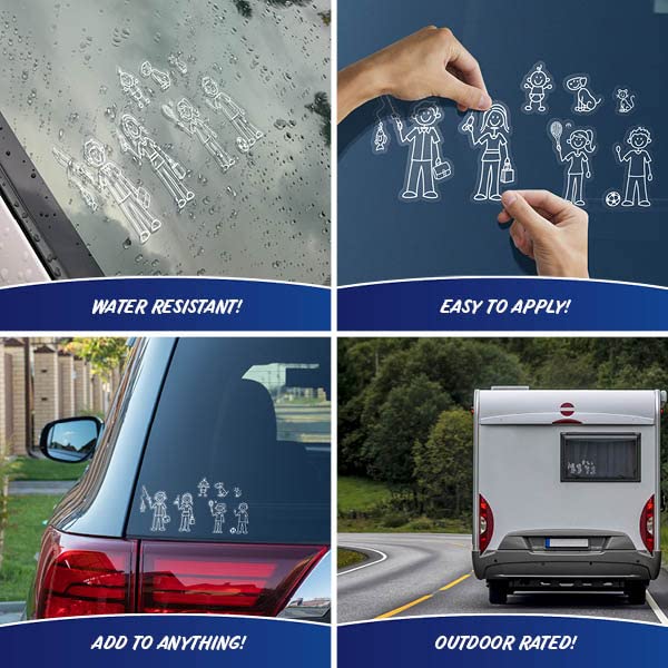 White Line Stick Figure Family Car Stickers Diy Kit - Includes 46 Decals Mom Dad Boy Girl Baby Cat Dog Fish Accessories