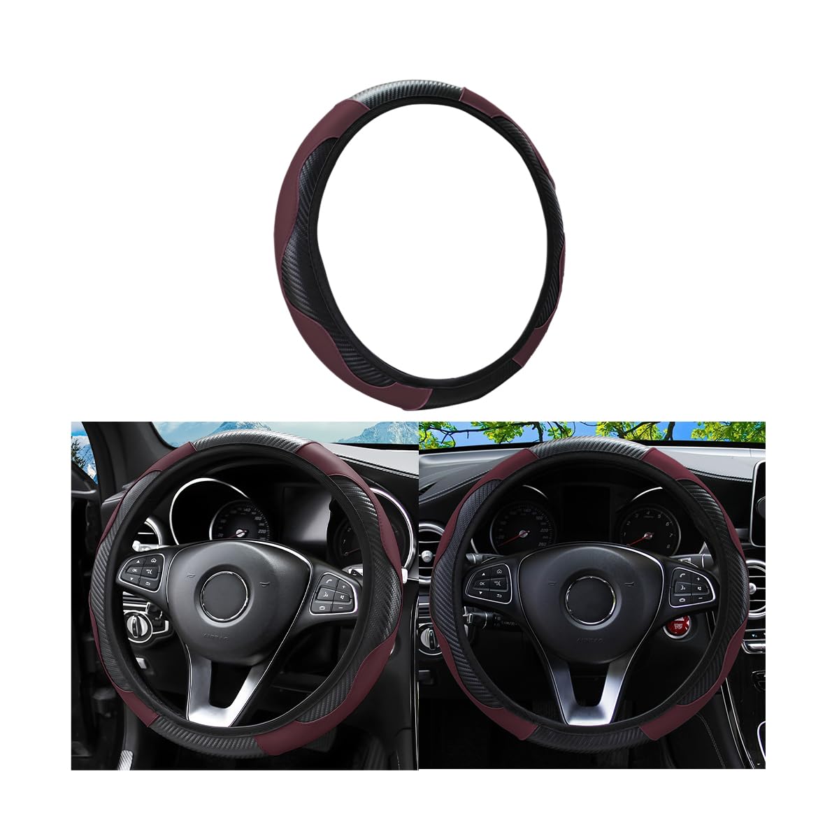 15 Inch Car Steering Wheel Cover, Carbon Fiber Microfiber Leather Elastic Stretch, Anti-Slip Breathable Steering Wheel Protector For Women Men, Car Accessories For Suv, Truck, Van (Black/Wine Red)
