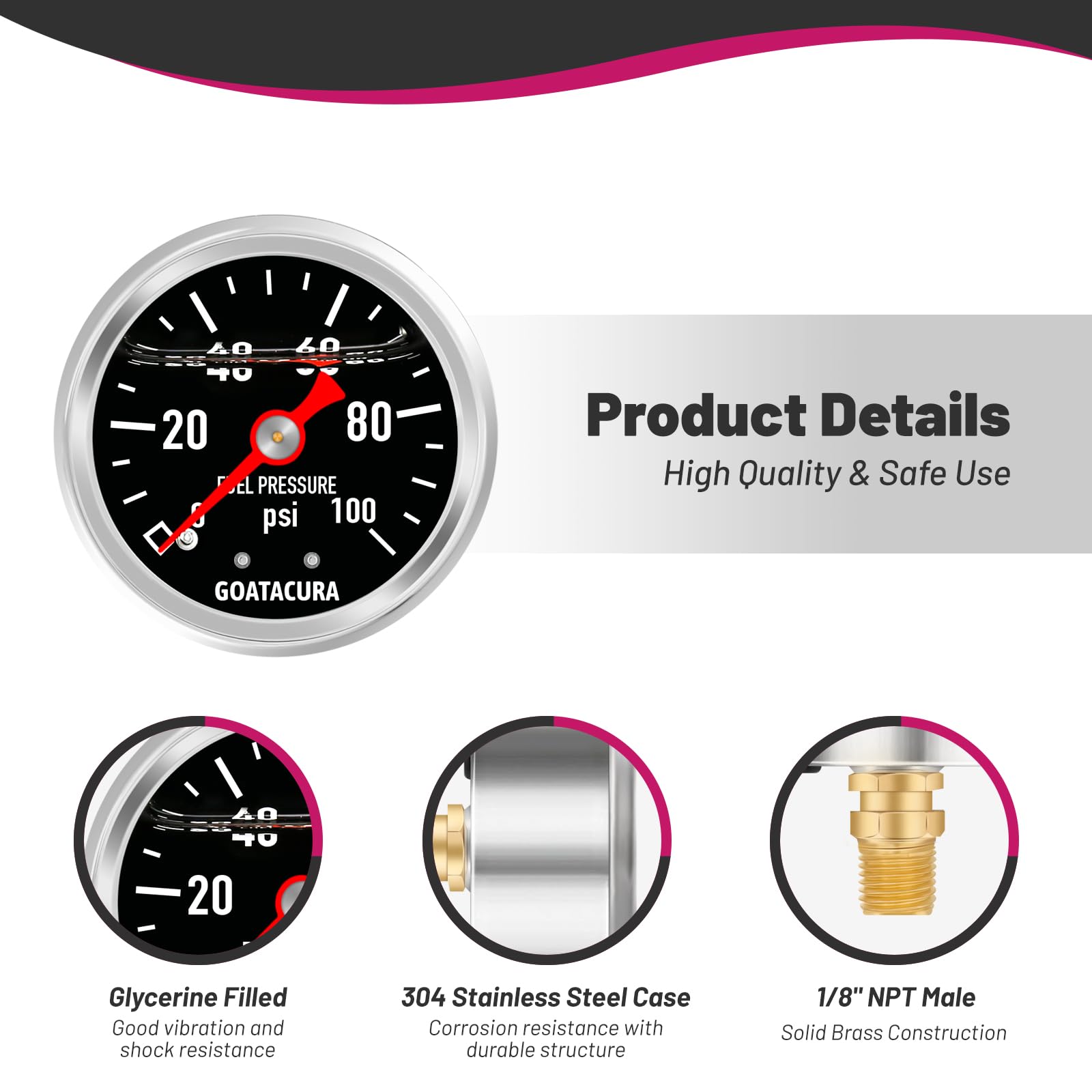 Goatacura 0-100Psi Glycerin Filled Fuel Pressure Gauge, 1-1/2'' Black Dial Size, 304 Stainless Steel Case, 1/8'' Npt Center Back