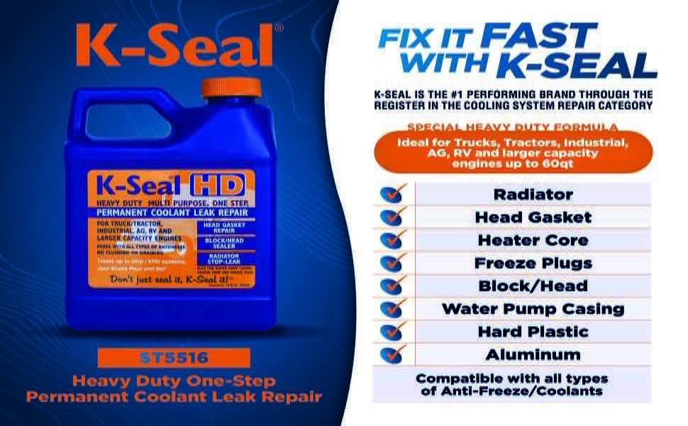 K-Seal ST5516 Heavy-Duty Multi-Purpose One Step Permanent Coolant Leak Repair, 16 oz, Pour and Go, Mixes with All Antifreeze, No