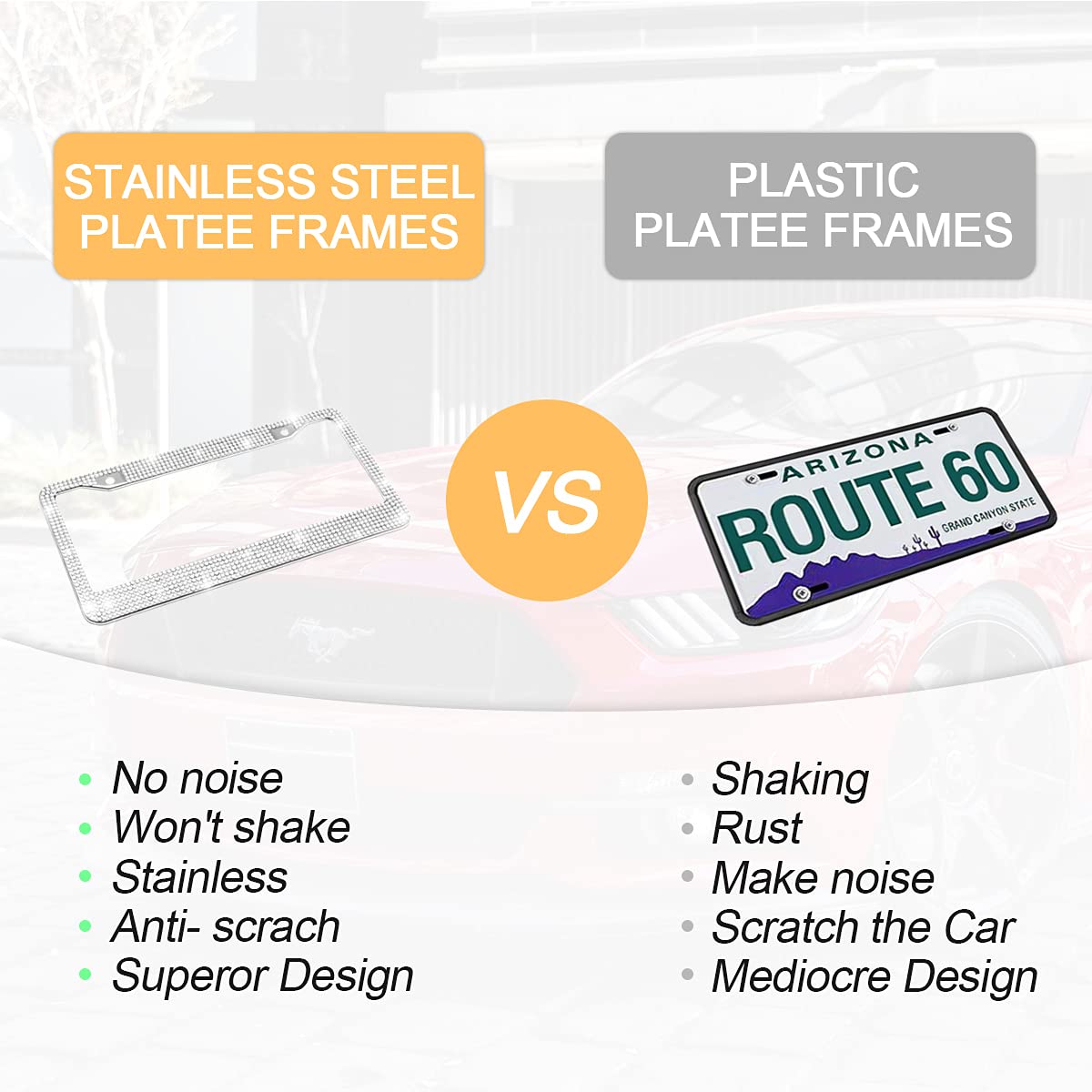 Bling Car License Plate Frame, Handcrafted Crystal Stainless Steel License Plate Frame, Sparkly, Durable, Universal Fit, Car Accessories For Girls, Women (White)