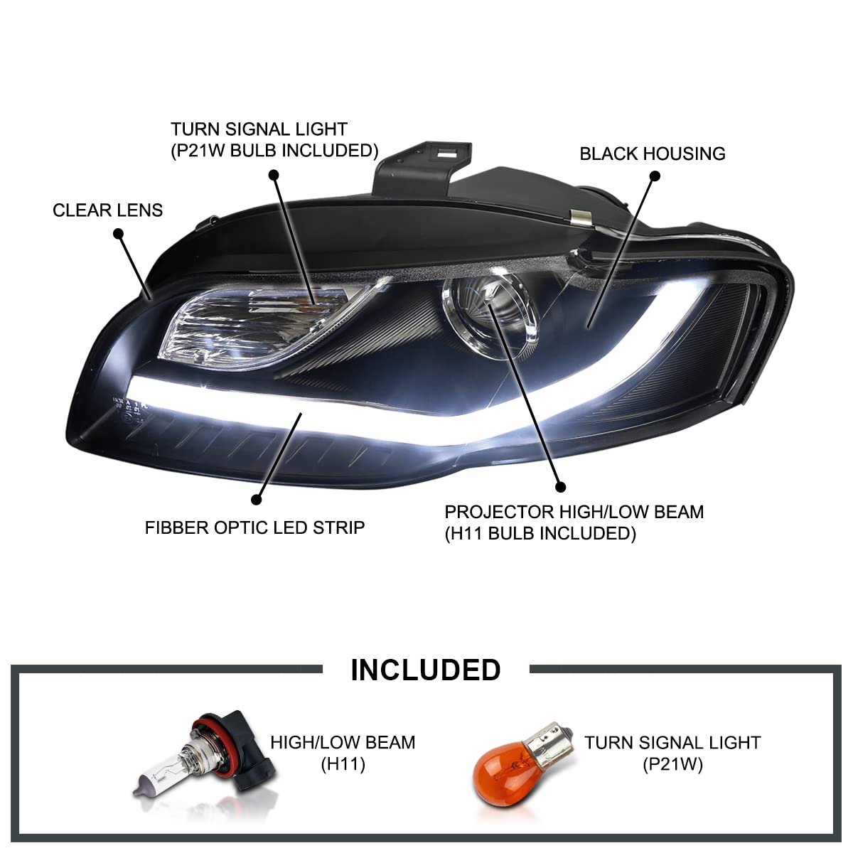 Spec-D Tuning Led Black Projector Headlights Compatible With 2006-2008 Audi A4 All, Left + Right Pair Headlamps Assembly