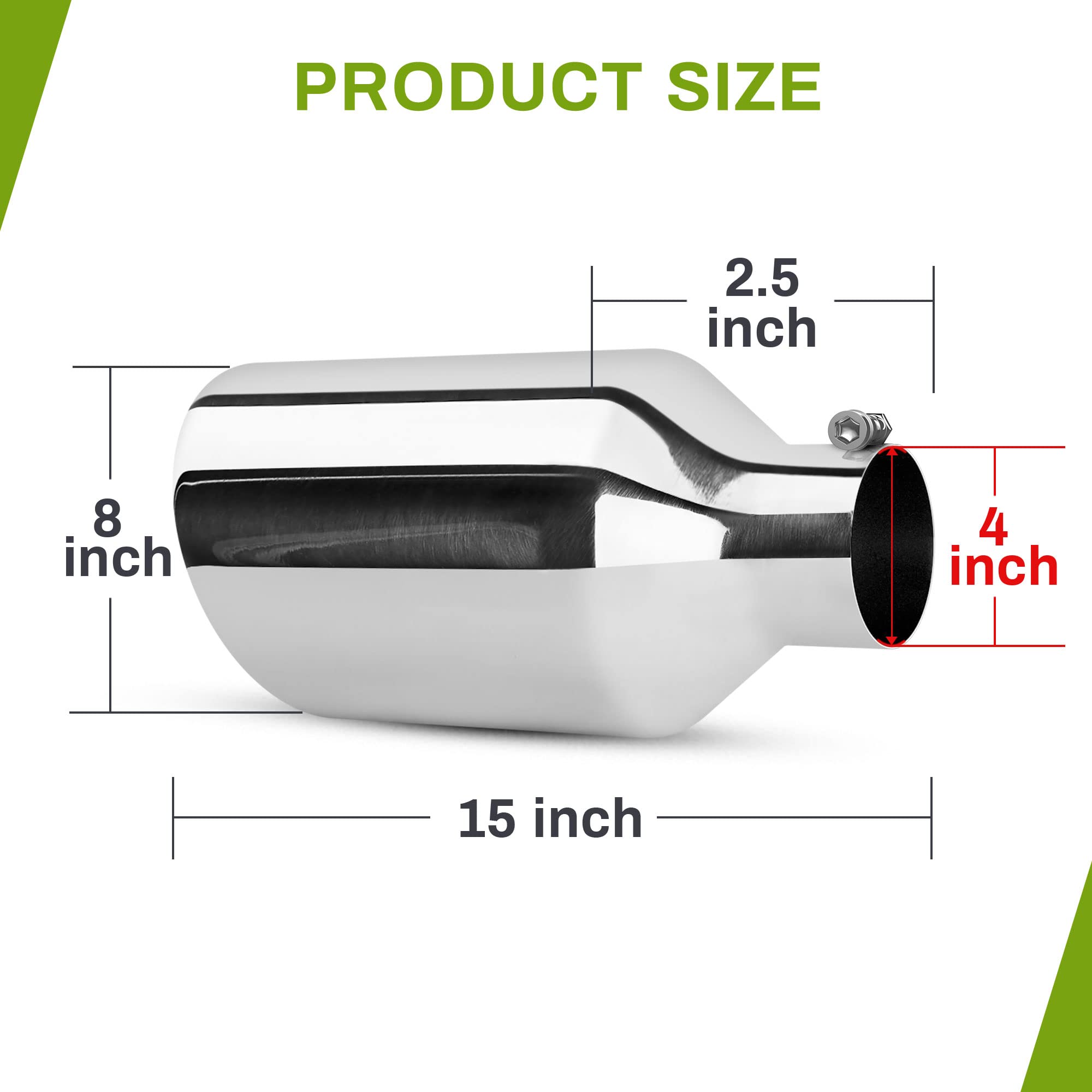 AUTOSAVER88 4 Inch Inlet Exhaust Tip, 4'' Inlet 8'' Outlet 15'' Overall Length Chrome-Plated Finish Stainless Steel Exhaust Tail
