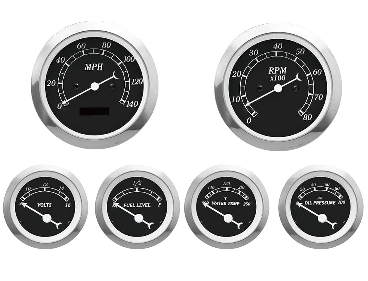 MOTOR METER RACING Classic 6 Gauge Set with ECU Based Electrical Speedometer Digital Odometer Black Dial White Needle Light Bulb