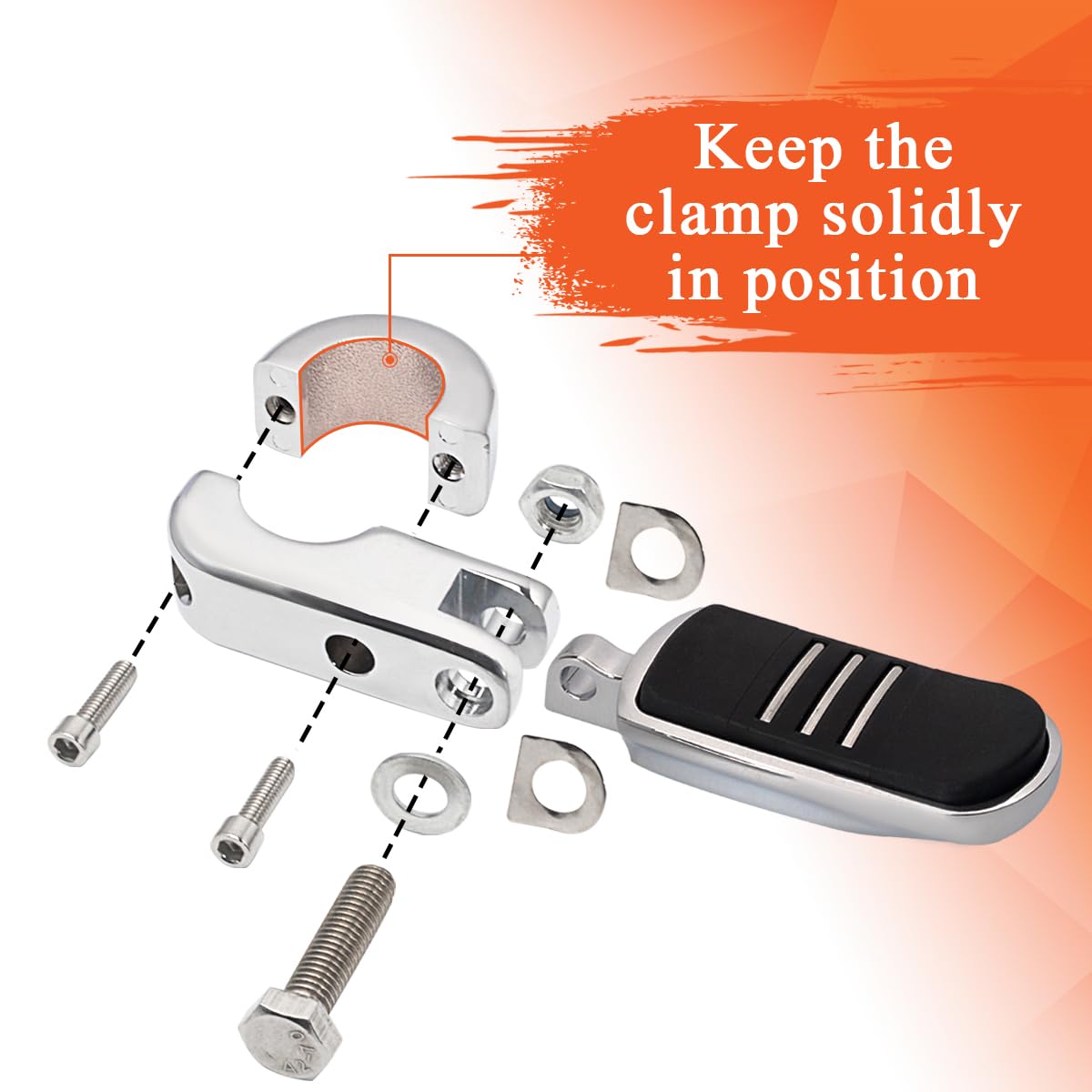 Fovplue 1.25' Highway Footpegs, Adjustable Footrest W/Mounting P-Clamps For Harley Touring Softail Dyna Sportster Honda Kawasaki Suzuki Yamaha Indian Victory With 1-1/4' Engine Guard/Tubing, Chrome#1