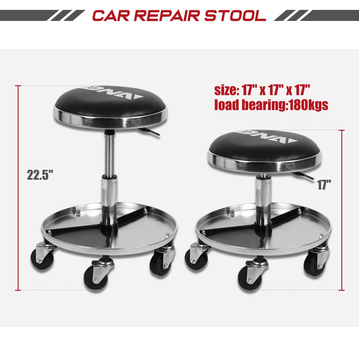 Dna Motoring Tools-00191 Adjustable Height Pneumatic Mechanic Creeper Garage/Rolling Stool, Heavy Duty Roller Seat With Storage