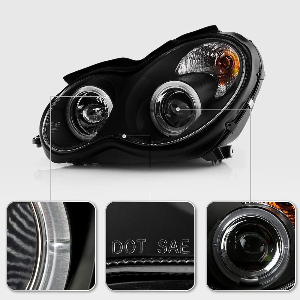 Acanii - For [Halogen Model] 2001-2007 Mercedes-Benz W203 C230 C240 C320 Led Halo Black Projector Headlights Headlamps