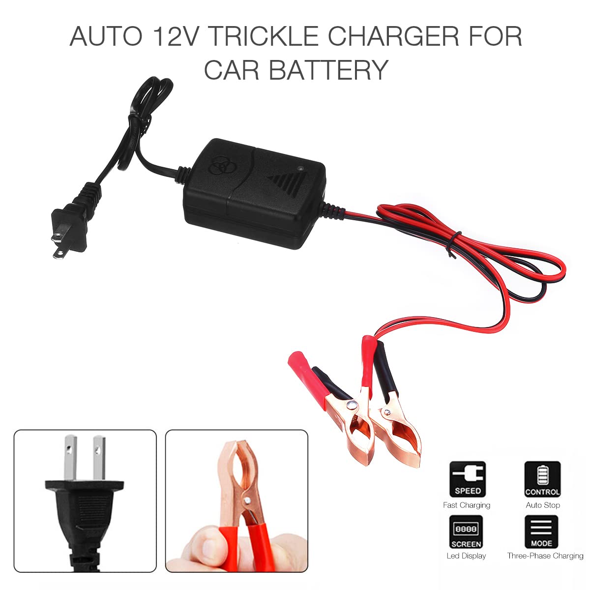 Car Battery Charger 12V Automatic Smart Battery Charger Maintainer Trickle Charger for Boats Motorcycles ATVs Riding Mowers & Ca