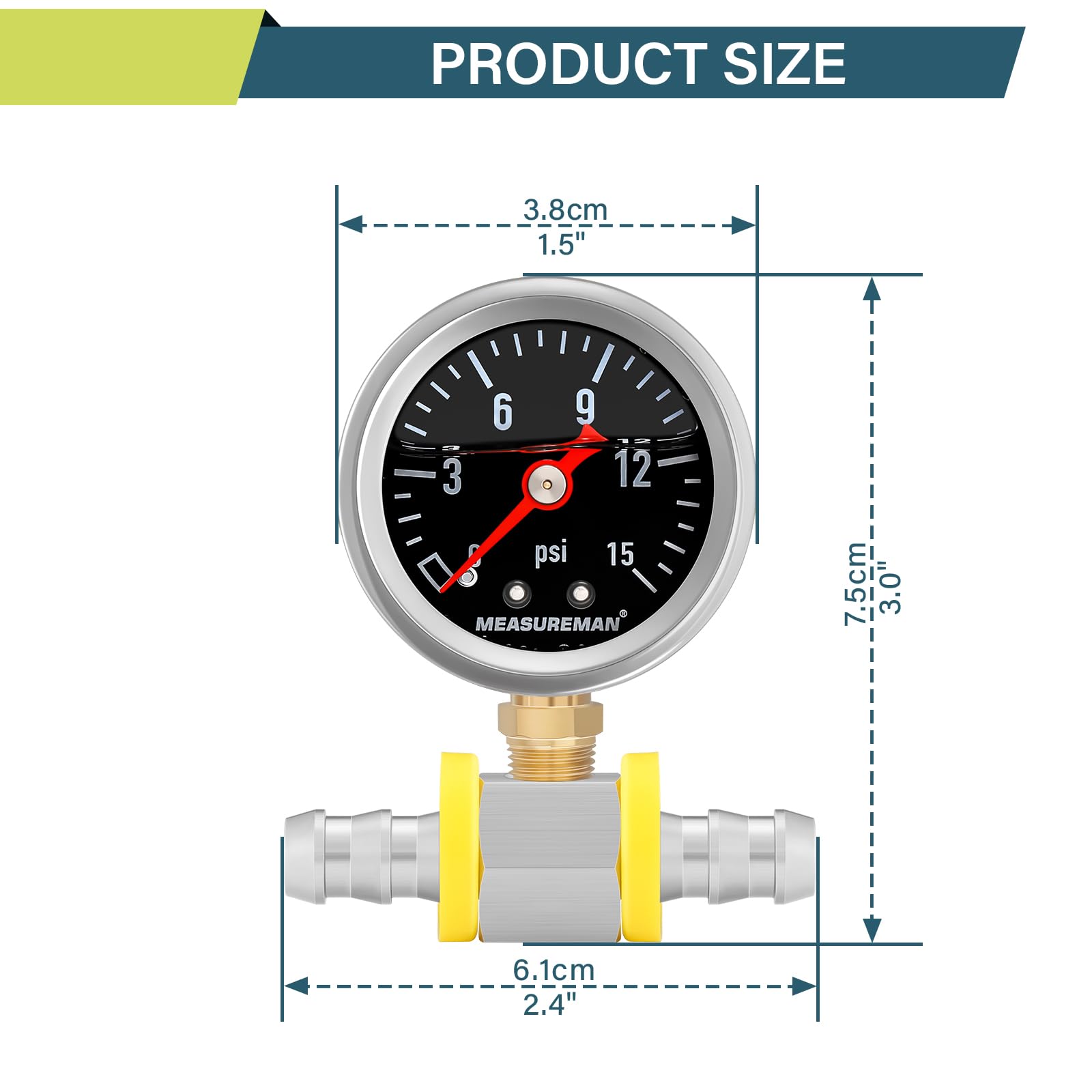 Measureman 0-15 Psi Glycerin Filled Fuel Pressure Gauge, 1.5    Dial, 304 Stainless Steel Case, 1/8    Npt Lower Mount, With 3/8