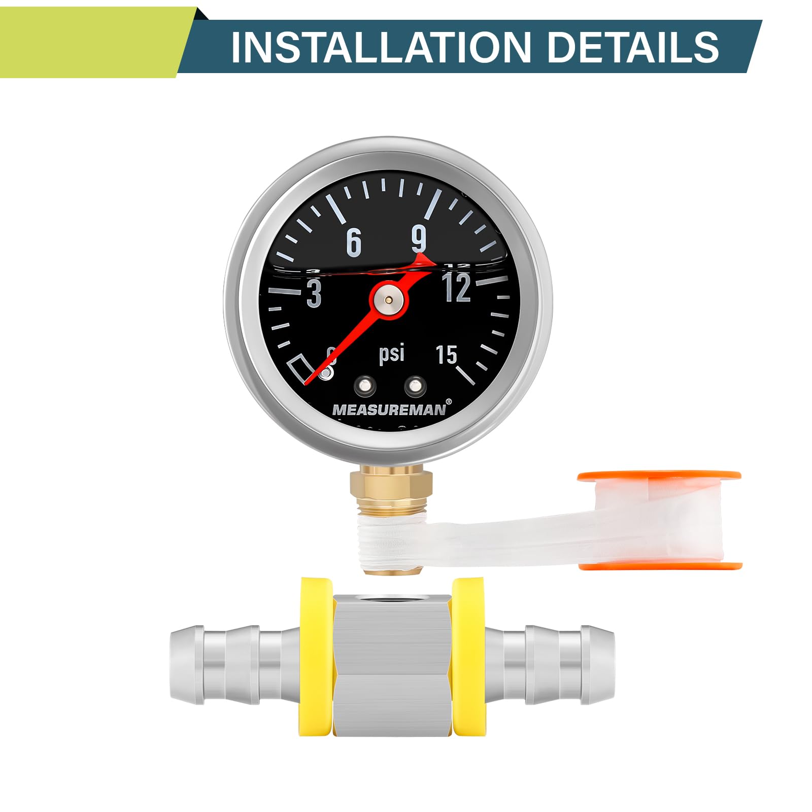 Measureman 0-15 Psi Glycerin Filled Fuel Pressure Gauge, 1.5    Dial, 304 Stainless Steel Case, 1/8    Npt Lower Mount, With 3/8