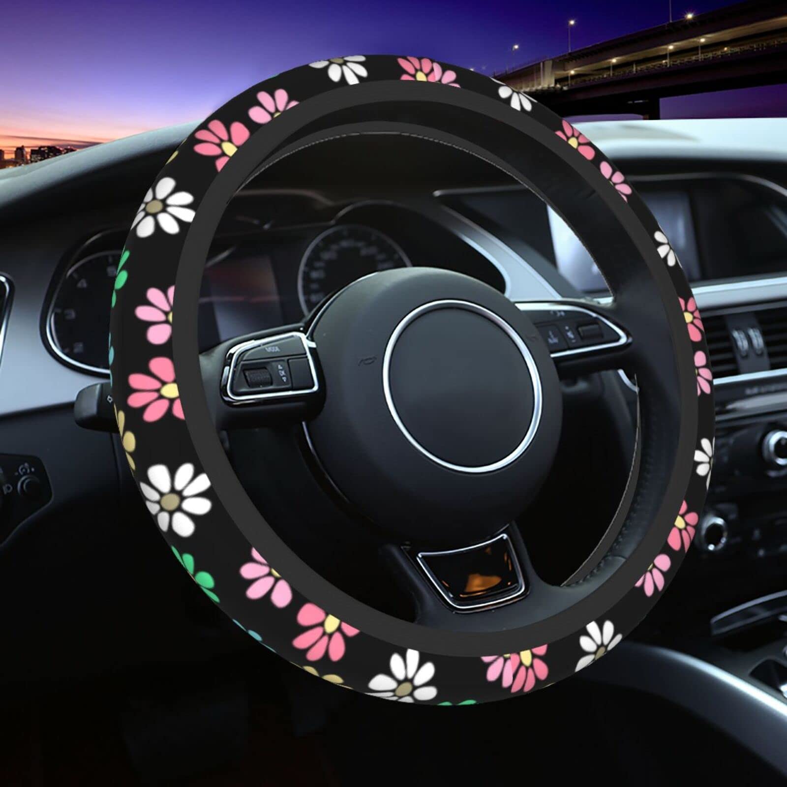 Cute Multi-Colored Daisy Flowers Steering Wheel Cover Universal Floral Pattern Print Wheel Protector for Women Ladies Non-Slip A