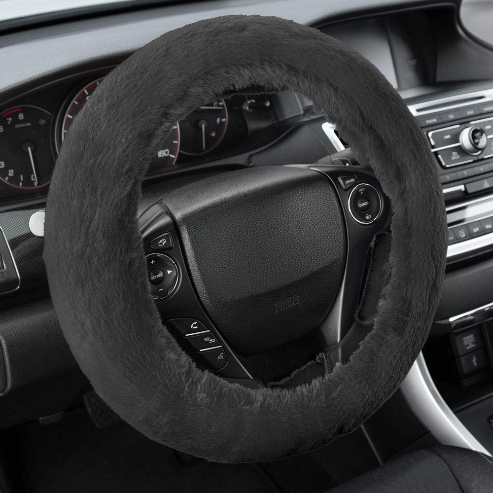 Carbella Aspen Black Fuzzy Steering Wheel Cover For Women – Cute And Stylish Fluffy Fur Steering Wheel Cover For Cars Trucks Vans Suvs, Universal Fit For Wheel Sizes 14.5 To 15.5 Inches