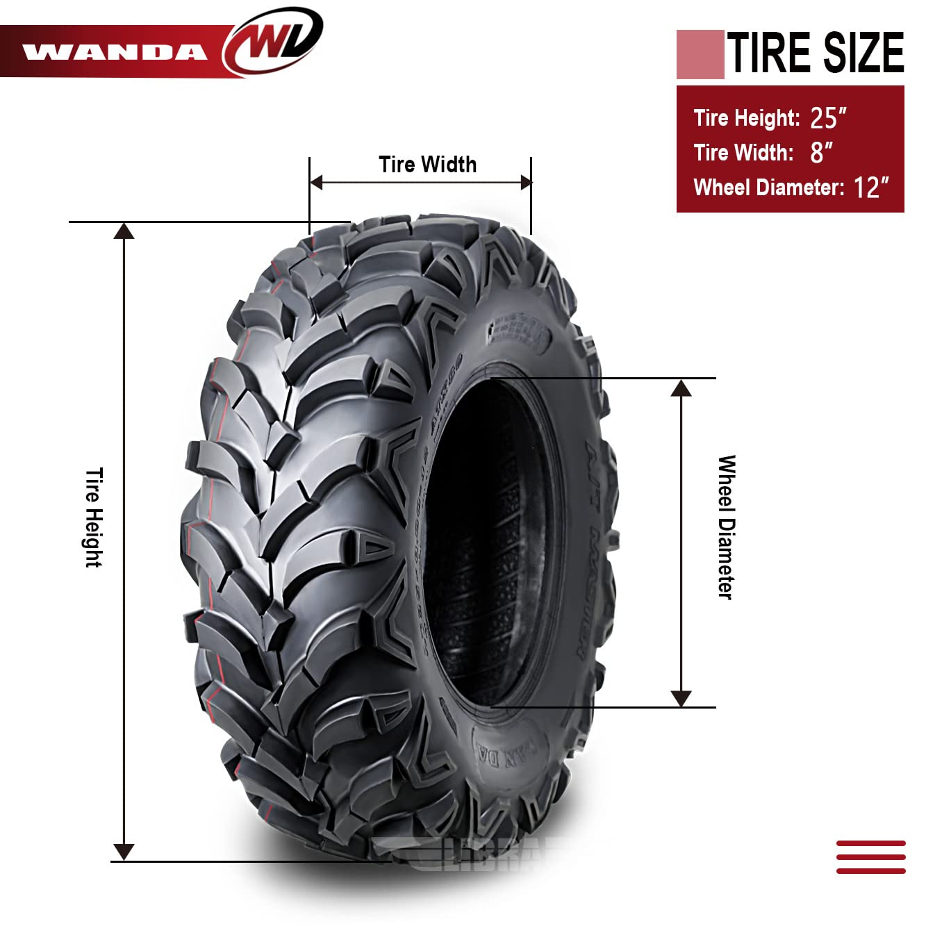Wanda Set Of 4 Atv Utv Tires 25X8-12 25X8X12 Front & Rear 6Pr P341