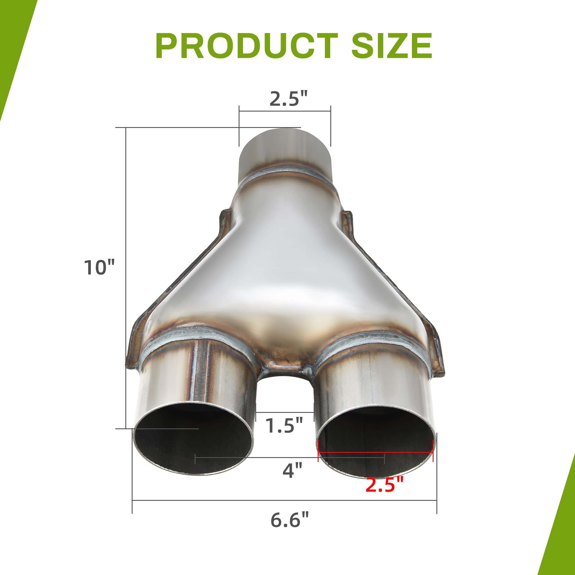 Autosaver88 Stainless Steel 2.5 Inch Exhaust Y Pipe, 2.5'' Single To 2.5'' Dual Exhaust Adapter Connector, 10'' Overall Length,