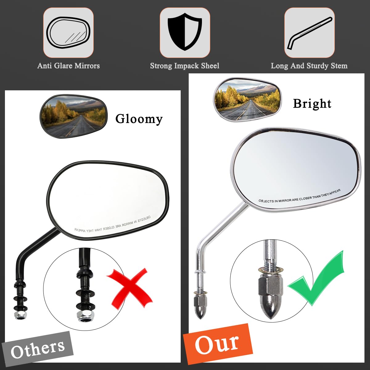 Fovplue Handlebar Mount Mirrors,Left & Right Side Long Stem Rearview Mirrors For 1982-2024 Harley Models,For Cvo Dyna Electra Glide Road Glide Road King Softail Street Glide Sportster 1200 883,Chrome